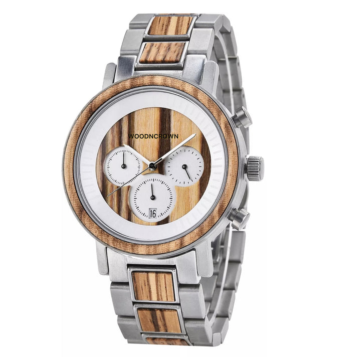 A men's watch with a stainless steel band and a zebra wood dial, featuring a date display and a luminous minute hand.