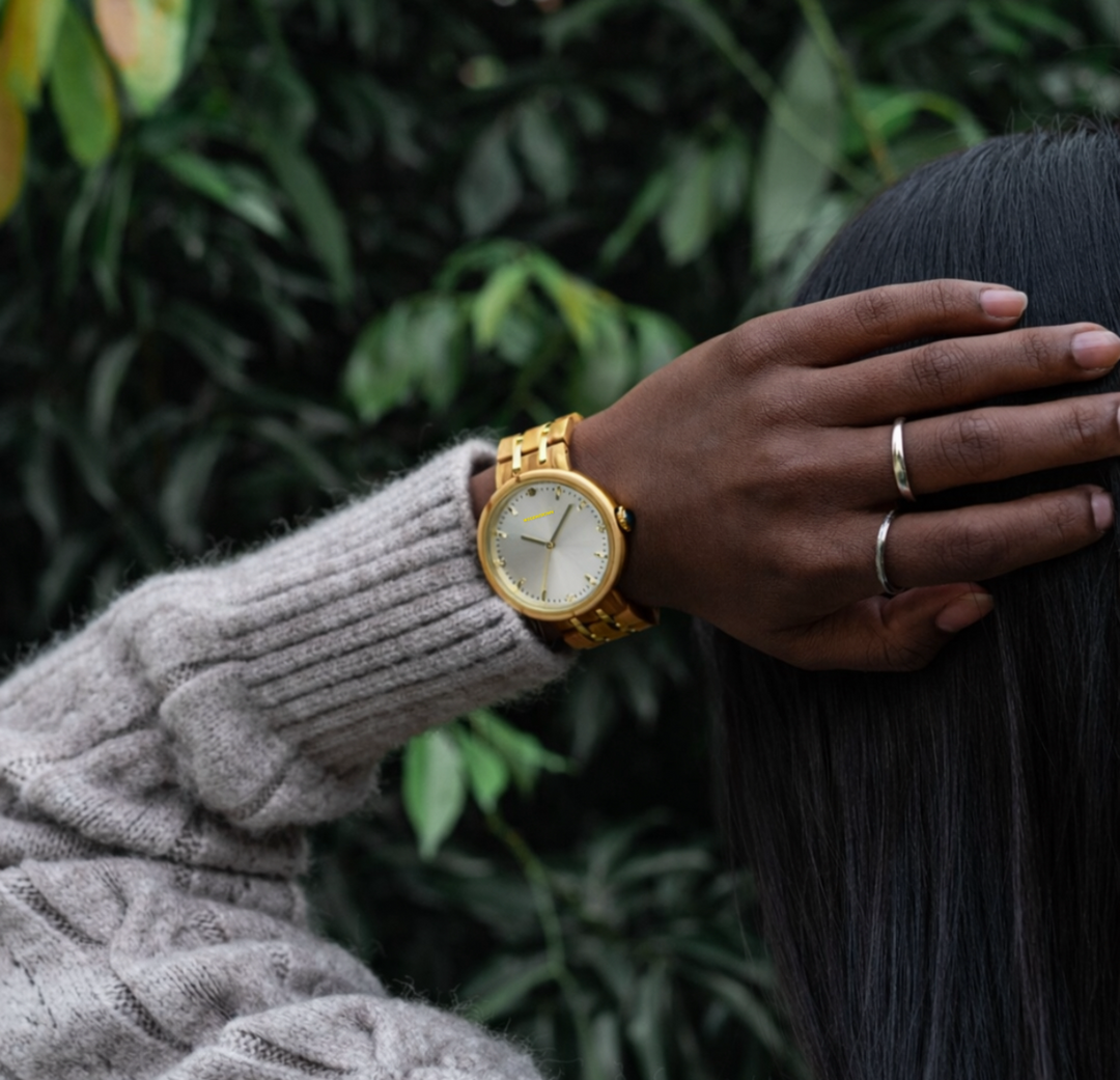 LILLIAN • Madera de olivo y acero inoxidable dorado 38 MM (RECIÉN AGREGADO) 