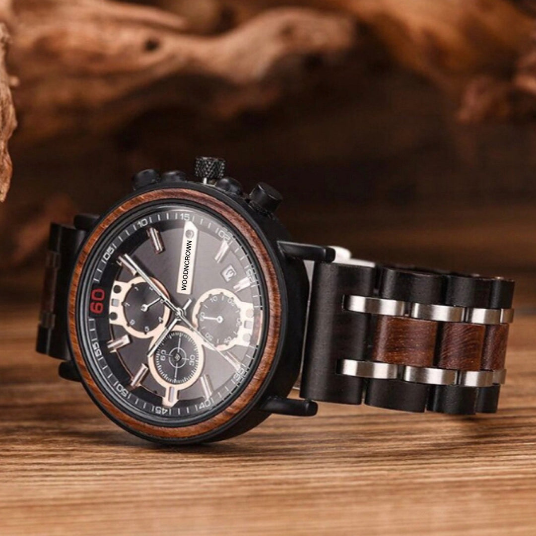 CROWN ARTHUR™️ - Rose wood • Ebony wood & Stainless 44mm