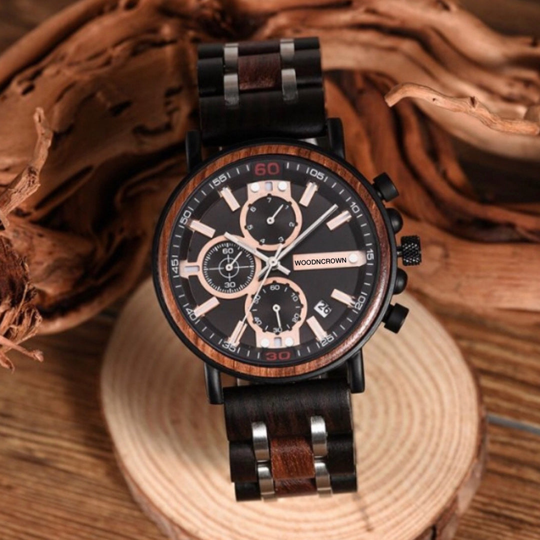 CROWN ARTHUR™️ - Rose wood • Ebony wood & Stainless 44mm